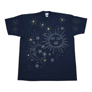 Vintage Celestial Hand Painted T-Shirt Blue Gold Silver OS Moon Sun Stars L/XL